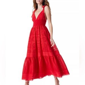 Alice + Olivia Levine Smocked Cotton
 Linen Eyelet Sundress BRIGHT POPPY, Size 4